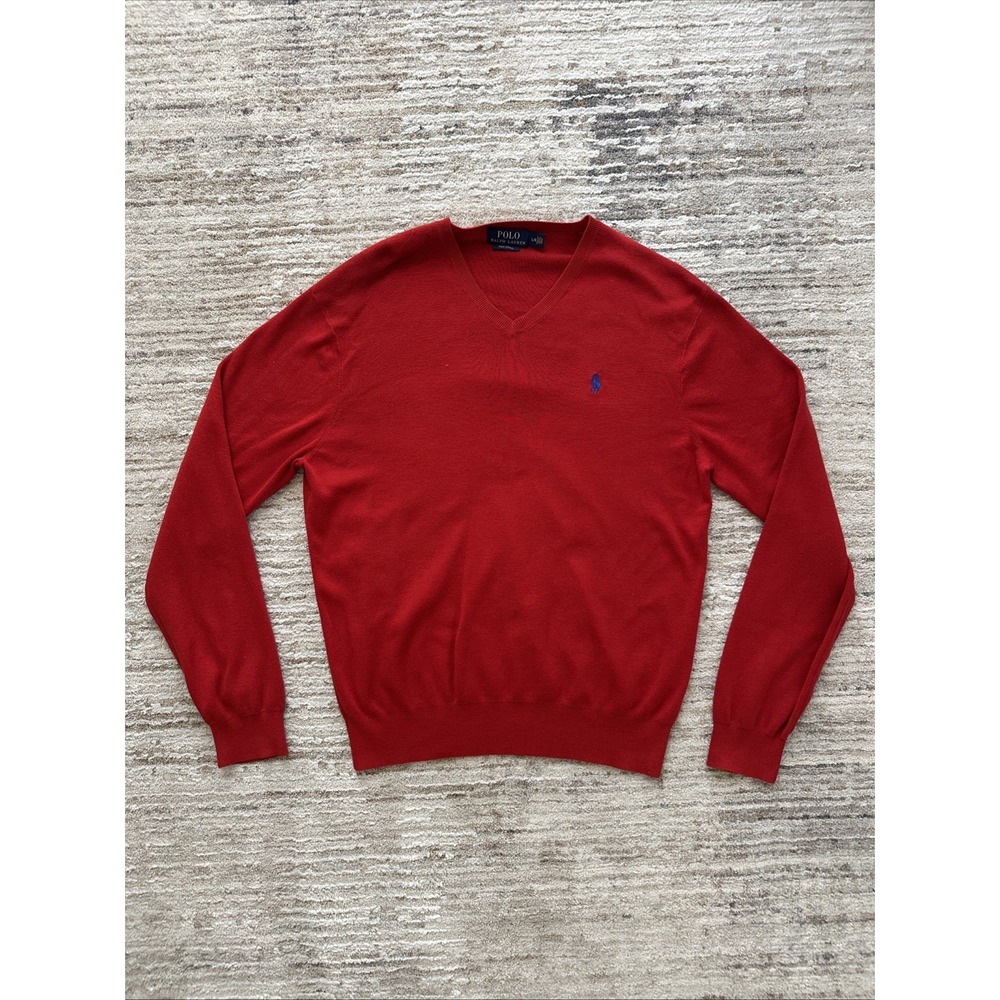 Polo Ralph Lauren Sweater Men Red Sz L 100%Pima Cotton V-Neck Long Sleeve Comfy